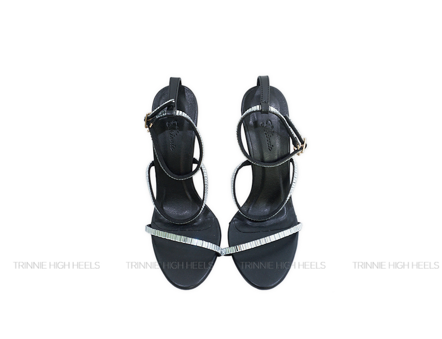 Souvenir sandals dây da gót nhọn đen 11cm